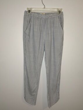 Marine Layer Light Blue and White Cropped Tulip Hem Pinstripe Pants